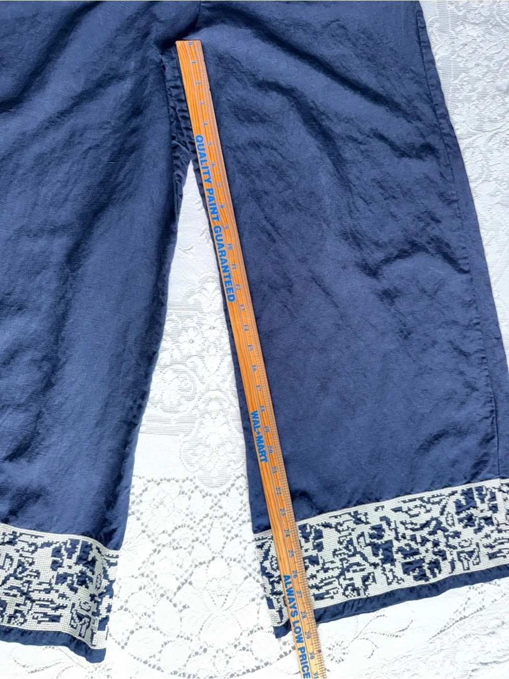 Banana Republic High-Rise Wide-Leg Embroidered Boho Tencel Linen Pants Navy M